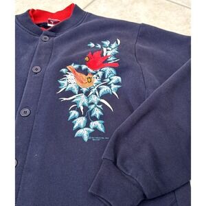 VTG 90s Art Unlimited Button Up Blue Sweater Sz L Embroider Cardinals Puff Paint